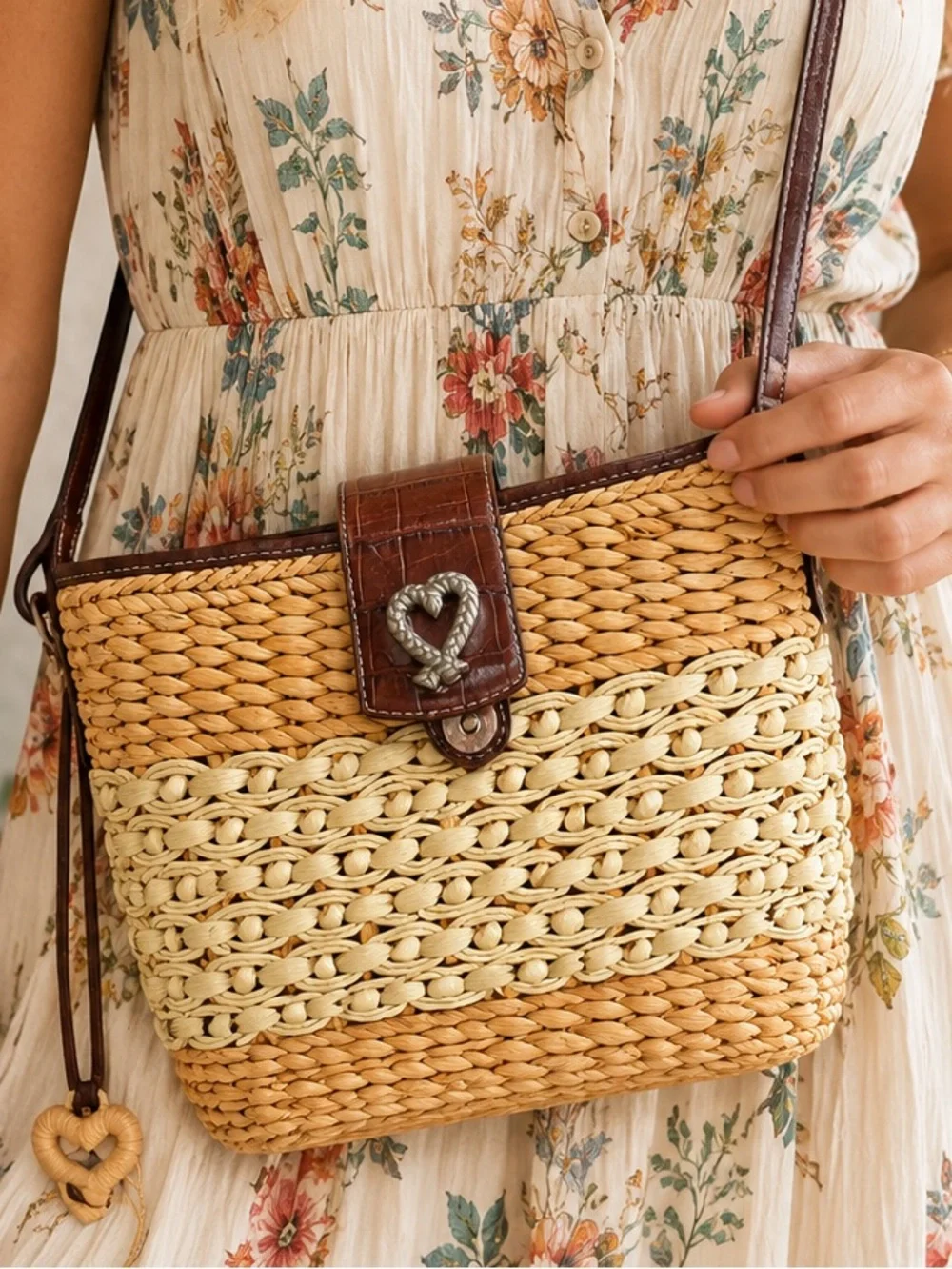 Brighton Woven Straw Crossbody in Natural and Cream with Brown Trim